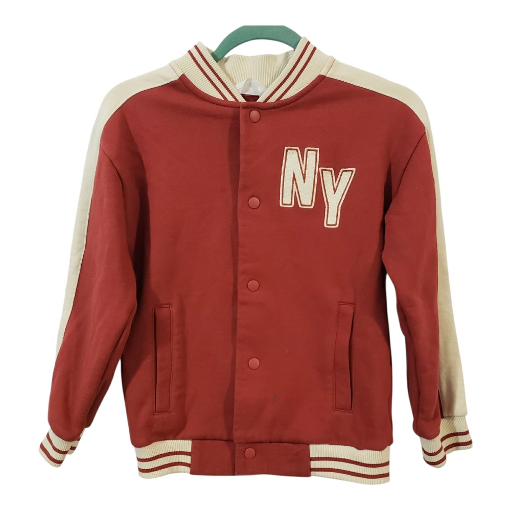 H&M Kids Youth Brick Red NY Baseball Jacket Size 8/10 Sporty Stripes Snap Button